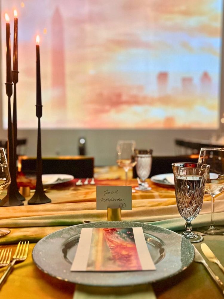 Elegant place setting with menu card and crystal glassware